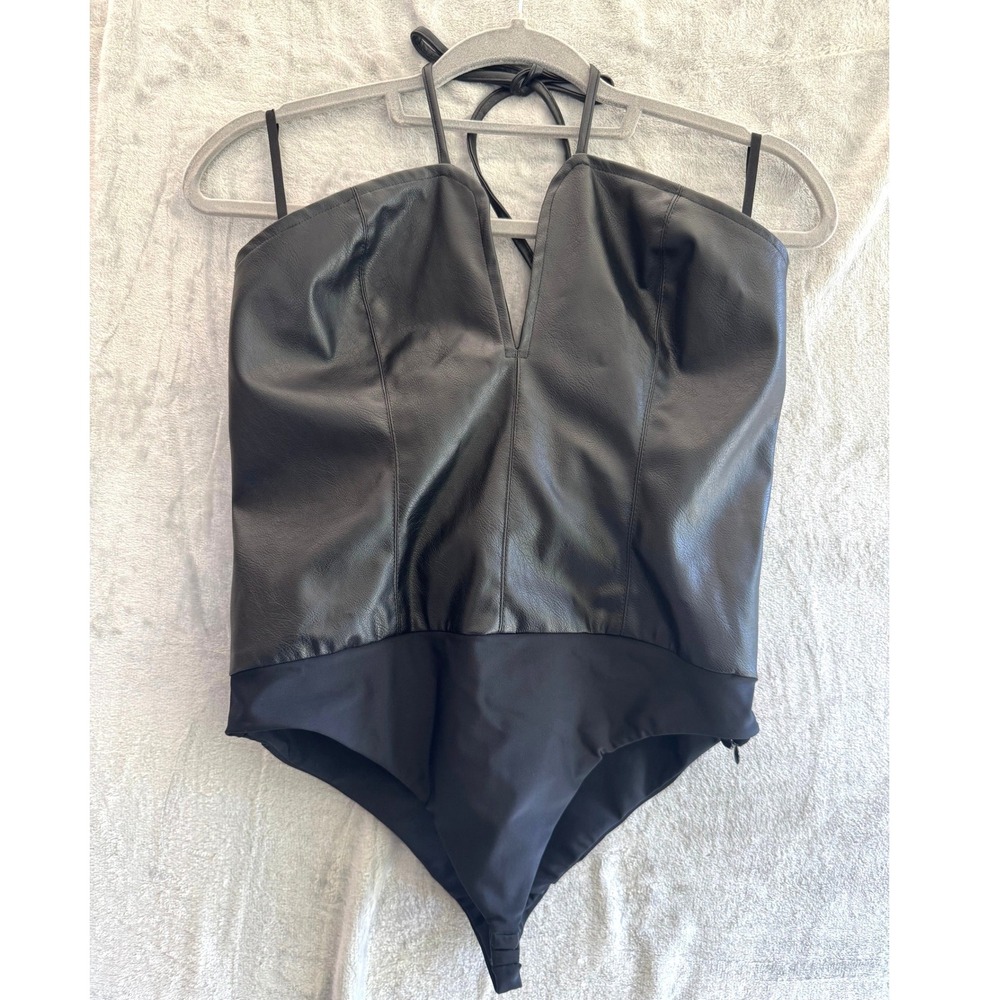 Nonchalant Label Bambi Bodysuit Black Faux Leather Halter V-Neck Large NWT
